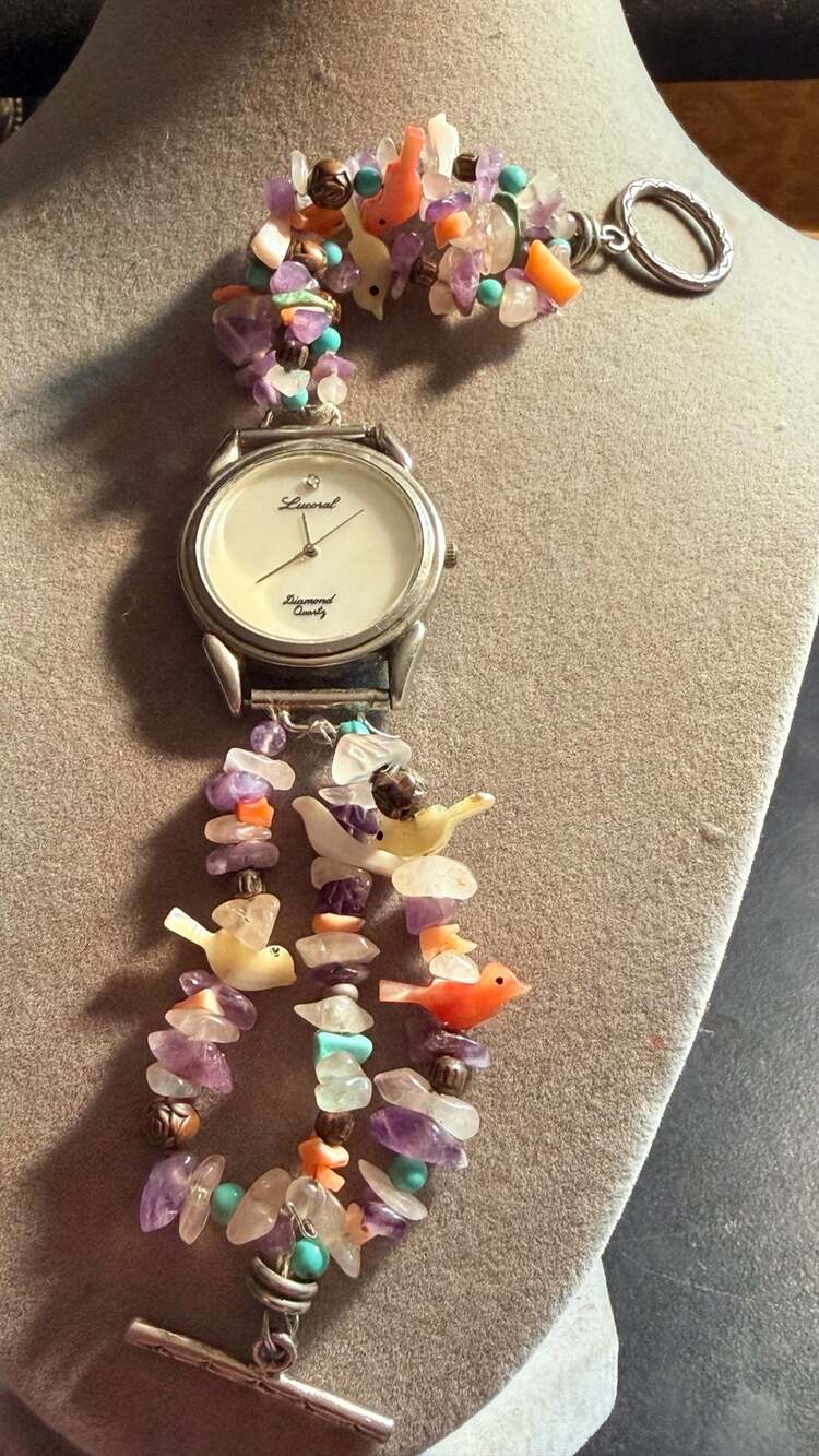 Vintage Lucoral Diamond Quartz Watch Mother of Pearl Dial Carved Bird Gemstone